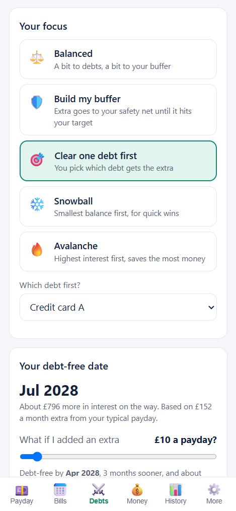 Choosing a payoff plan and seeing the debt-free date